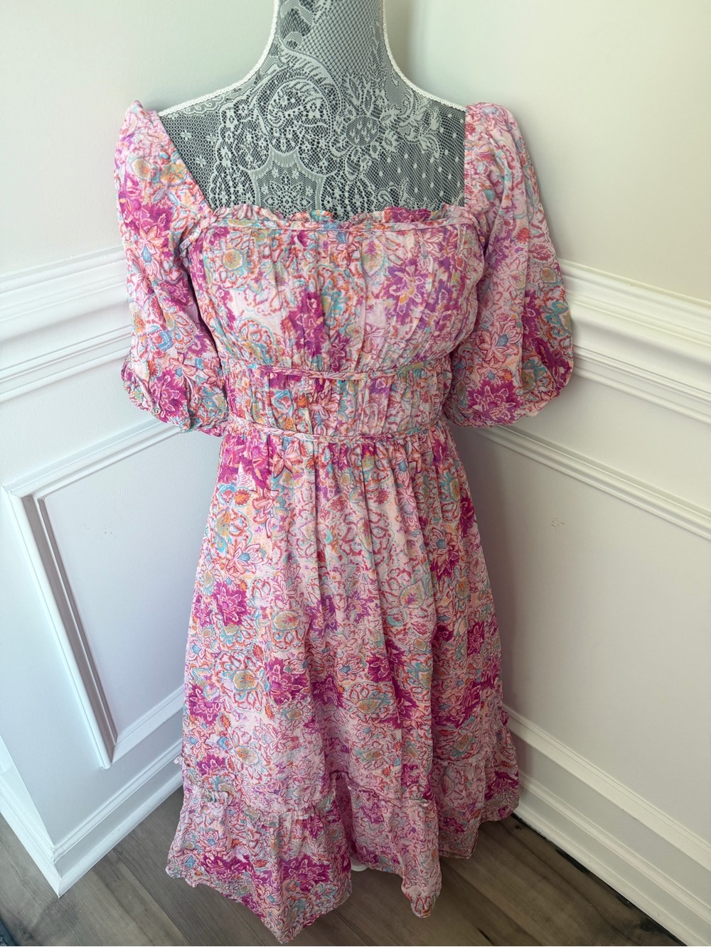 Fate Womens Pink Floral Smocked Dress Size S